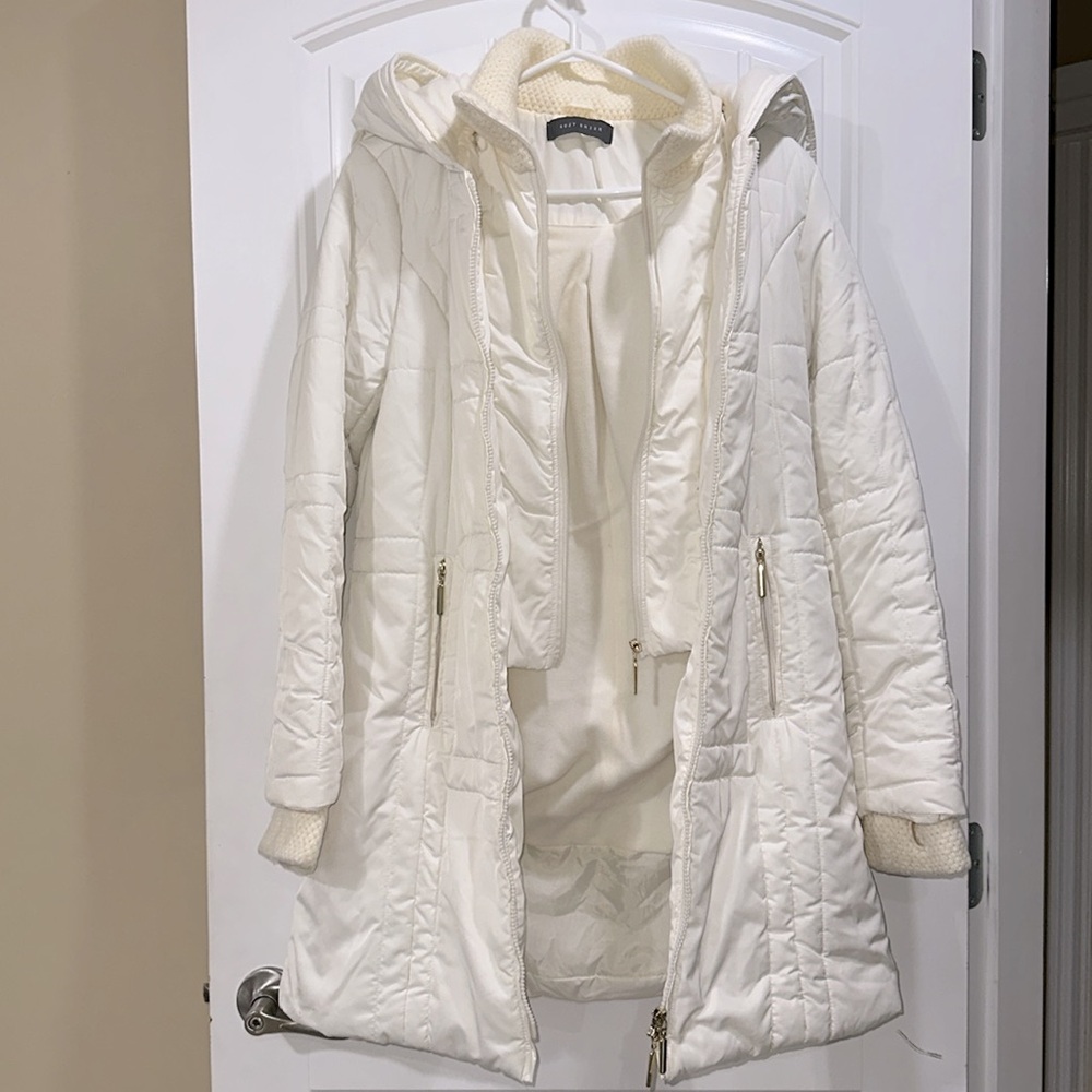 White long puffer parka jacket with soft hood
